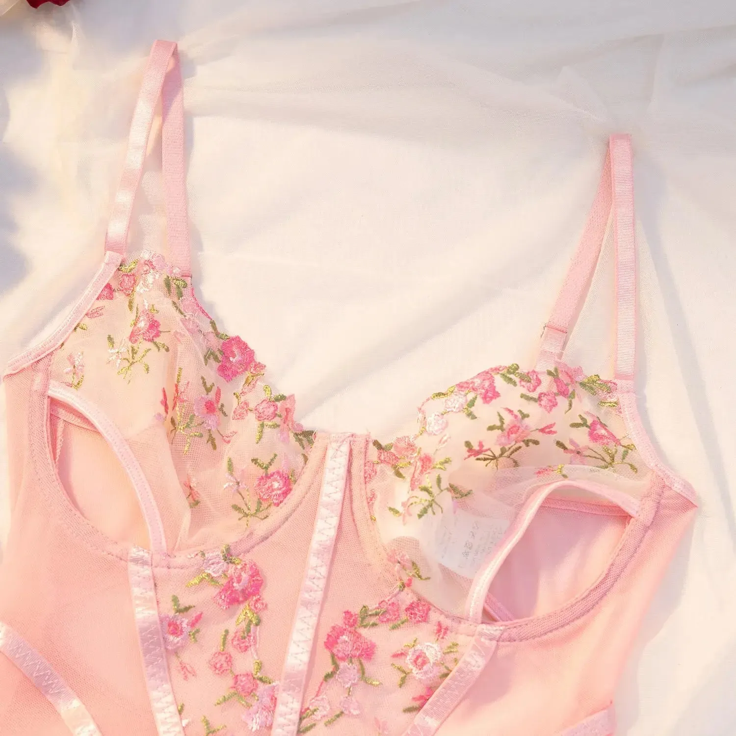 Floral Lingerie Cut Out Bustier Push Up Lace Set