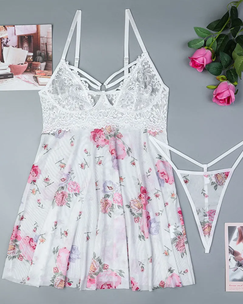 Floral Lingerie Set Cut Out Strappy Babydoll
