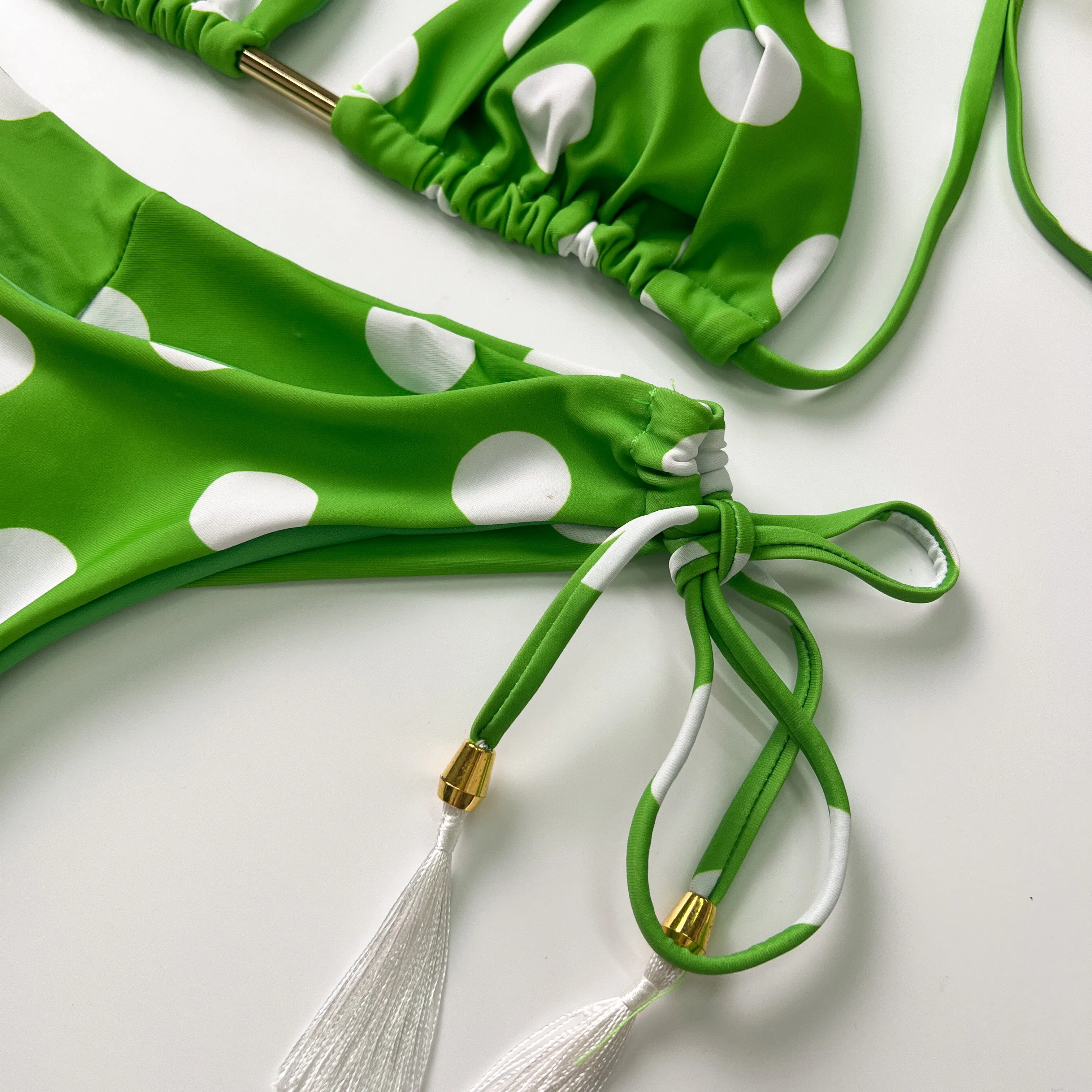 Green Polka Dot Lace Up Bikini Set