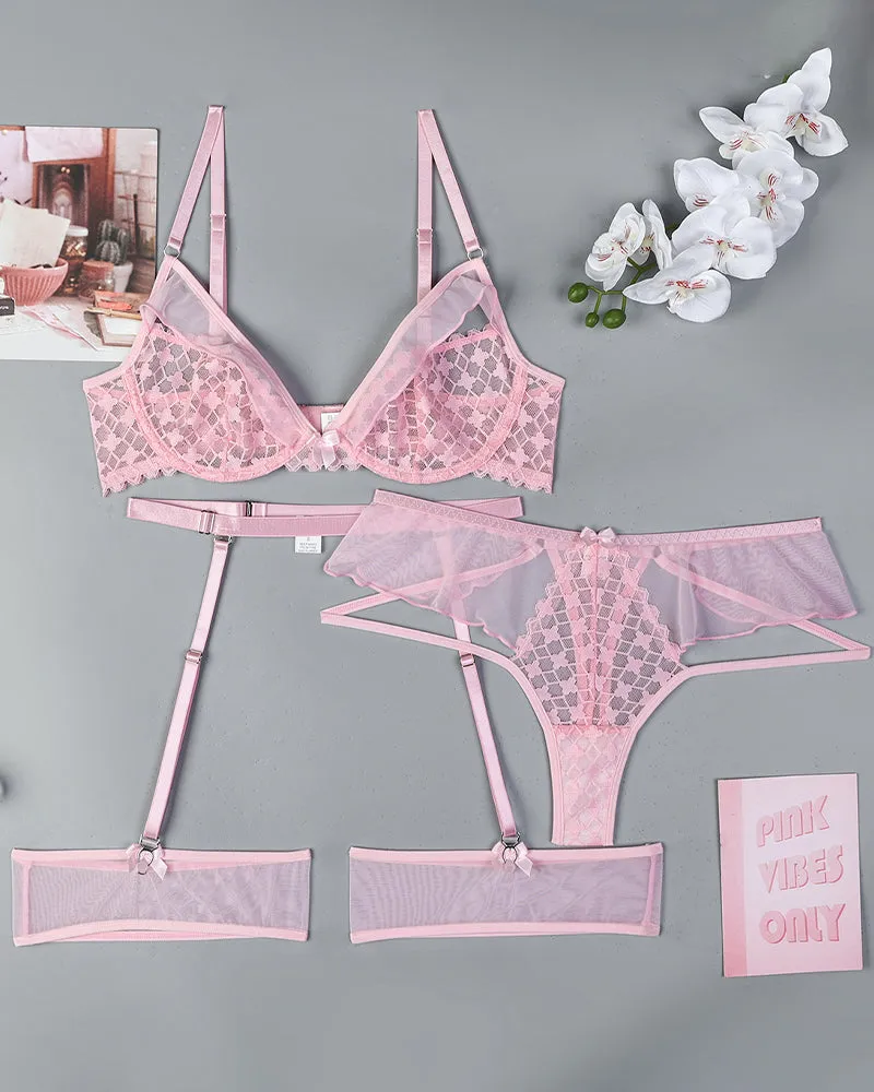 Half Cup Hollow Mesh Lingerie Set