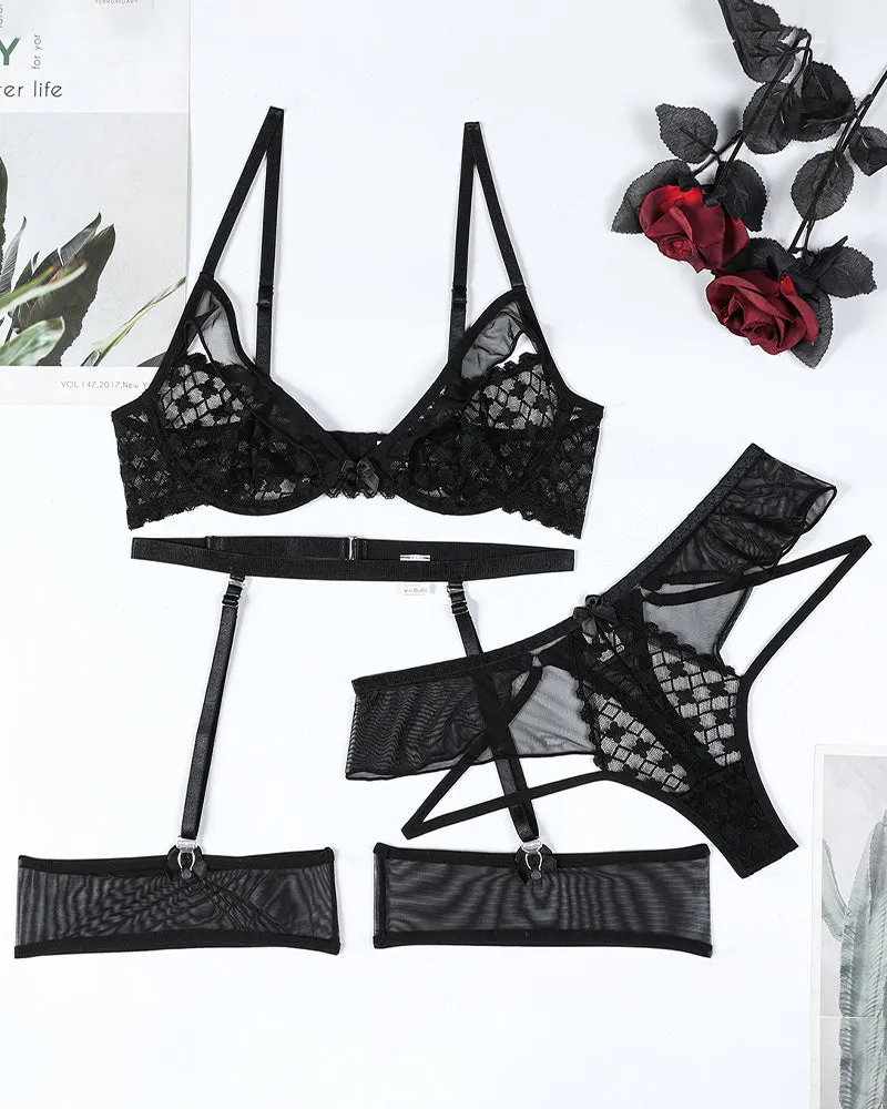 Half Cup Hollow Mesh Lingerie Set