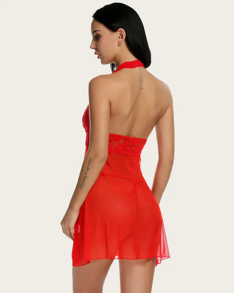 Halter Lace Babydoll Mesh V Neck Nightwear