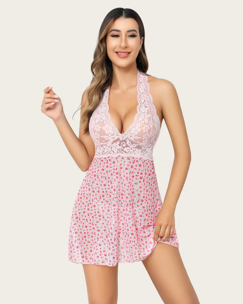 Halter Lace Babydoll Mesh V Neck Nightwear