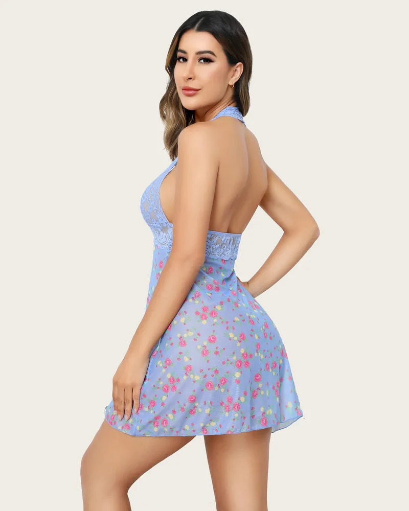 Halter Lace Babydoll Mesh V Neck Nightwear