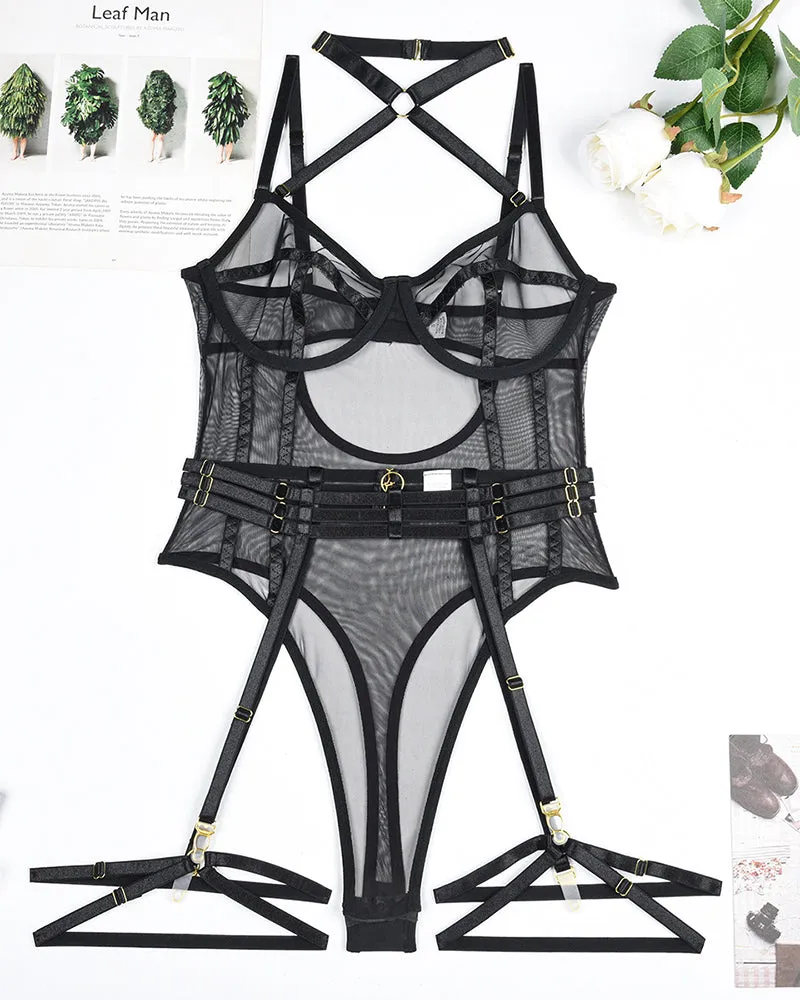 Halter Open Crotch Bodysuit With Garter