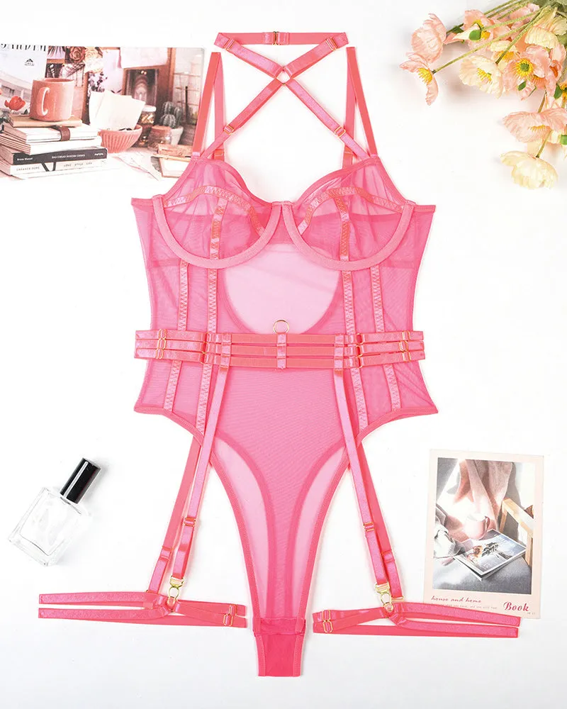 Halter Open Crotch Bodysuit With Garter
