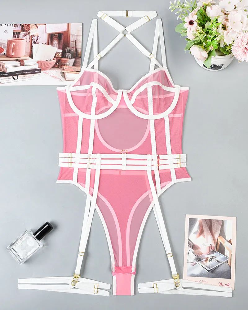 Halter Open Crotch Bodysuit With Garter