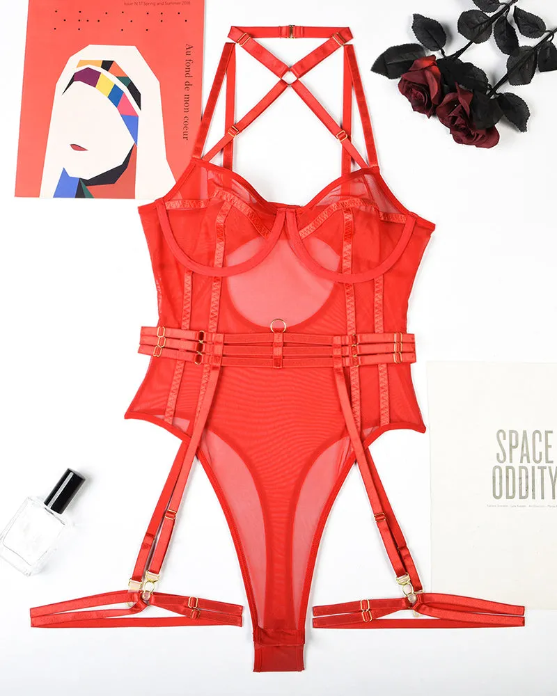 Halter Open Crotch Bodysuit With Garter