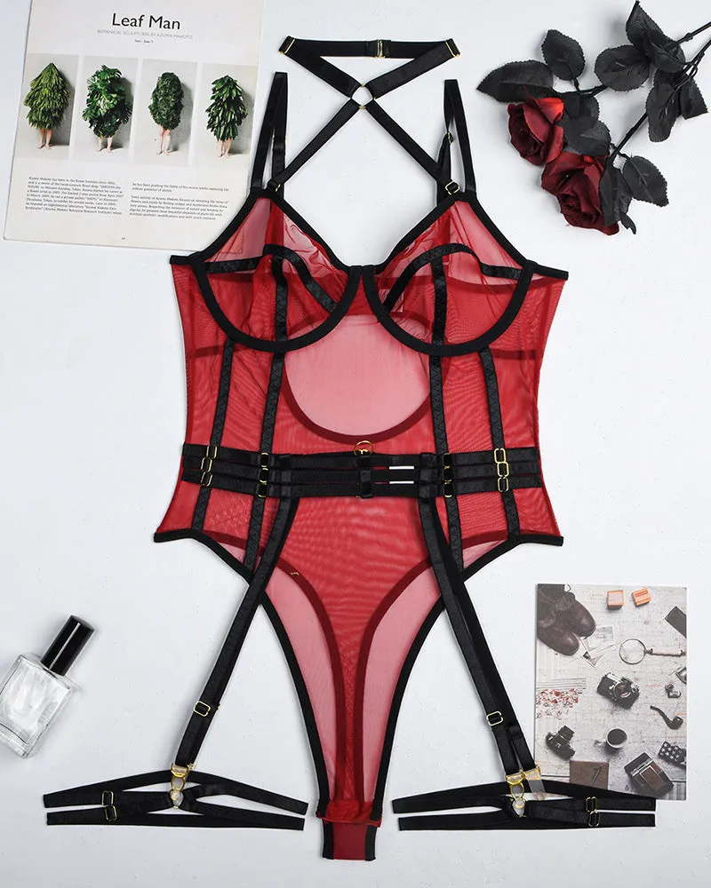 Halter Open Crotch Bodysuit With Garter