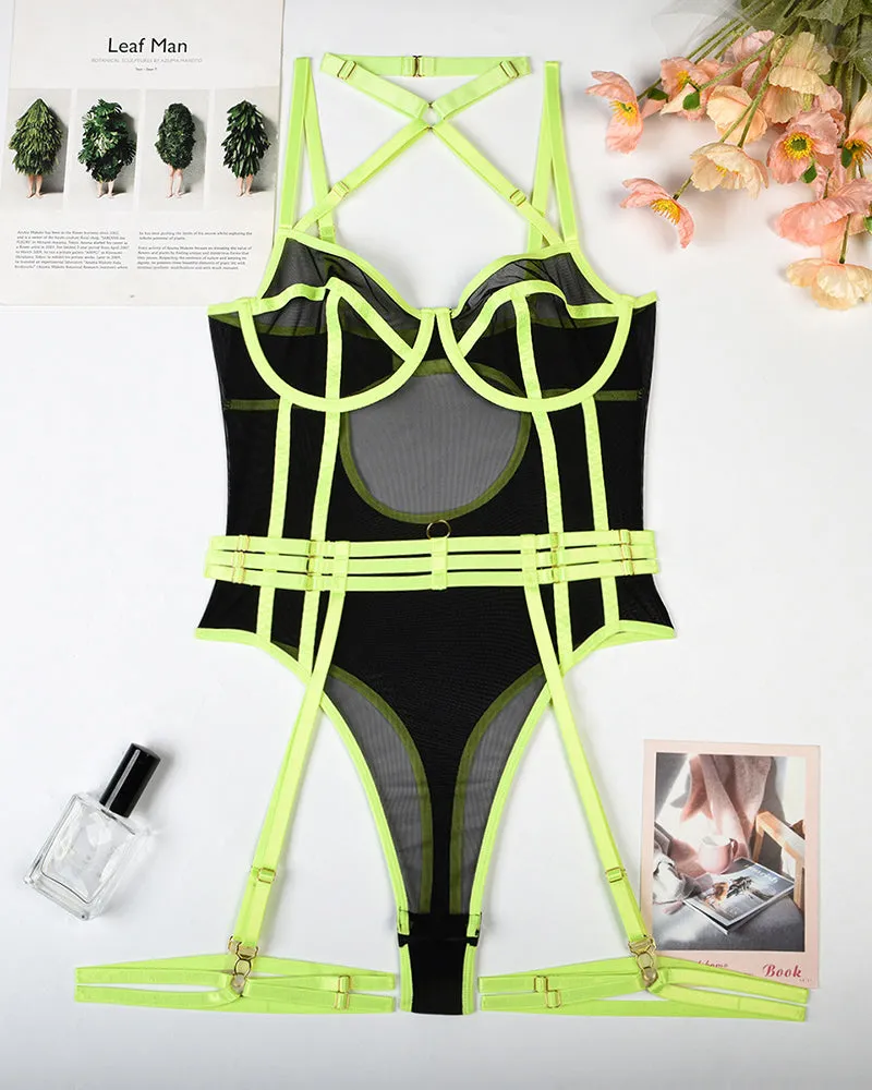 Halter Open Crotch Bodysuit With Garter