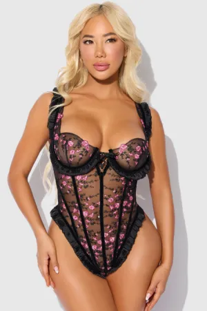 Harper Embroidered Mesh Teddy in Black & Pink