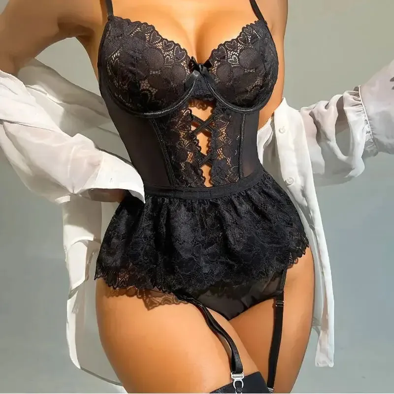 Heart Lace Corset Skirt Lingerie Set