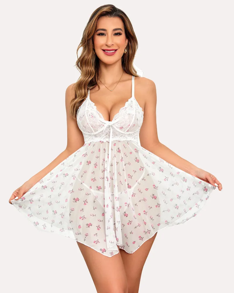 Heart Print Babydoll Lace Nightgown