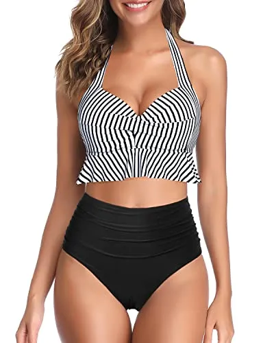 High Waisted Tummy Control Push Up Ruffle Bikini Set-Black And White Stripe