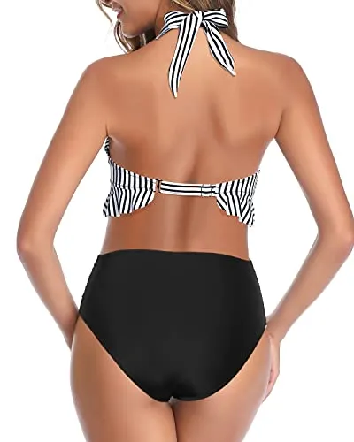 High Waisted Tummy Control Push Up Ruffle Bikini Set-Black And White Stripe