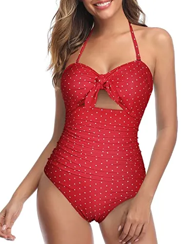 High Waisted Tummy Control Swimsuits Halter Backless One Piece Swimsuits-Red Dot