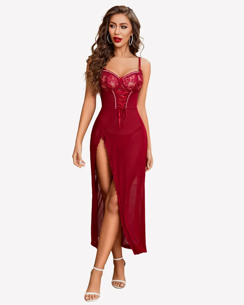 Lace Chemise Mesh Side Split Nightdress