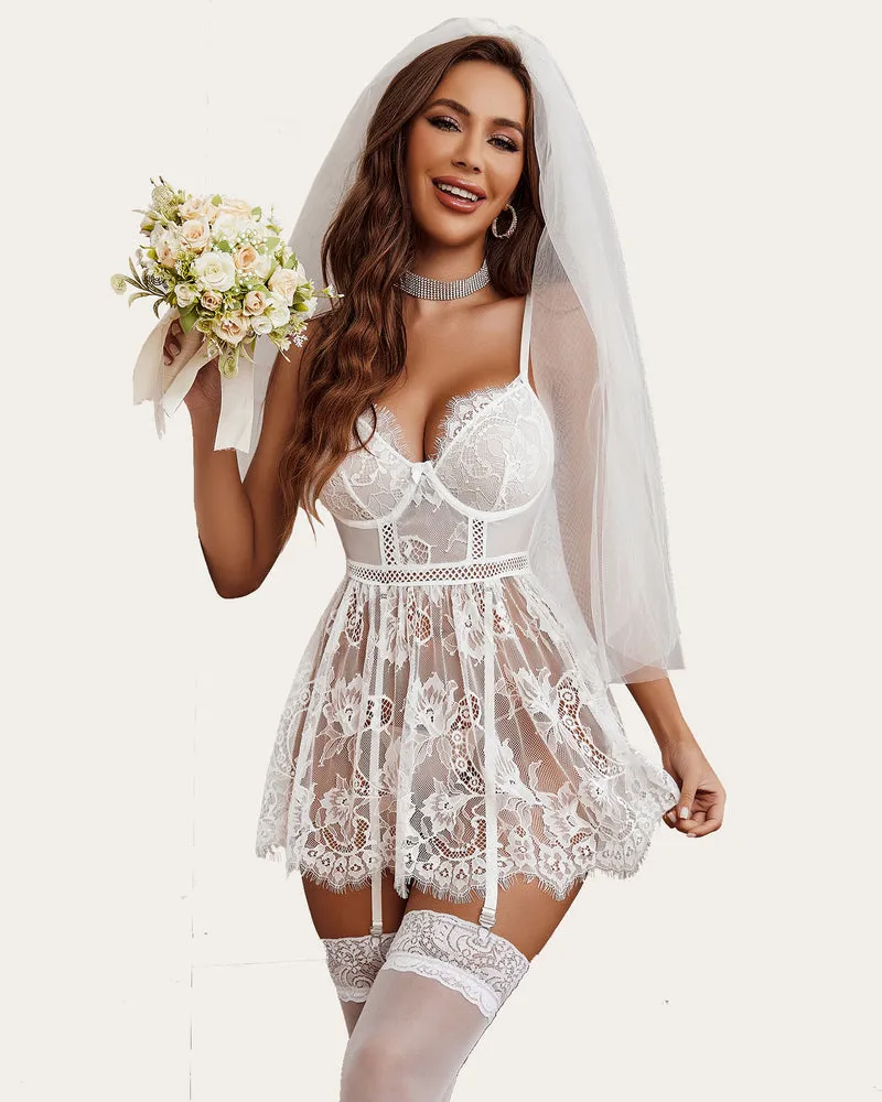 Lace Print Slip Dress with Garter Belt