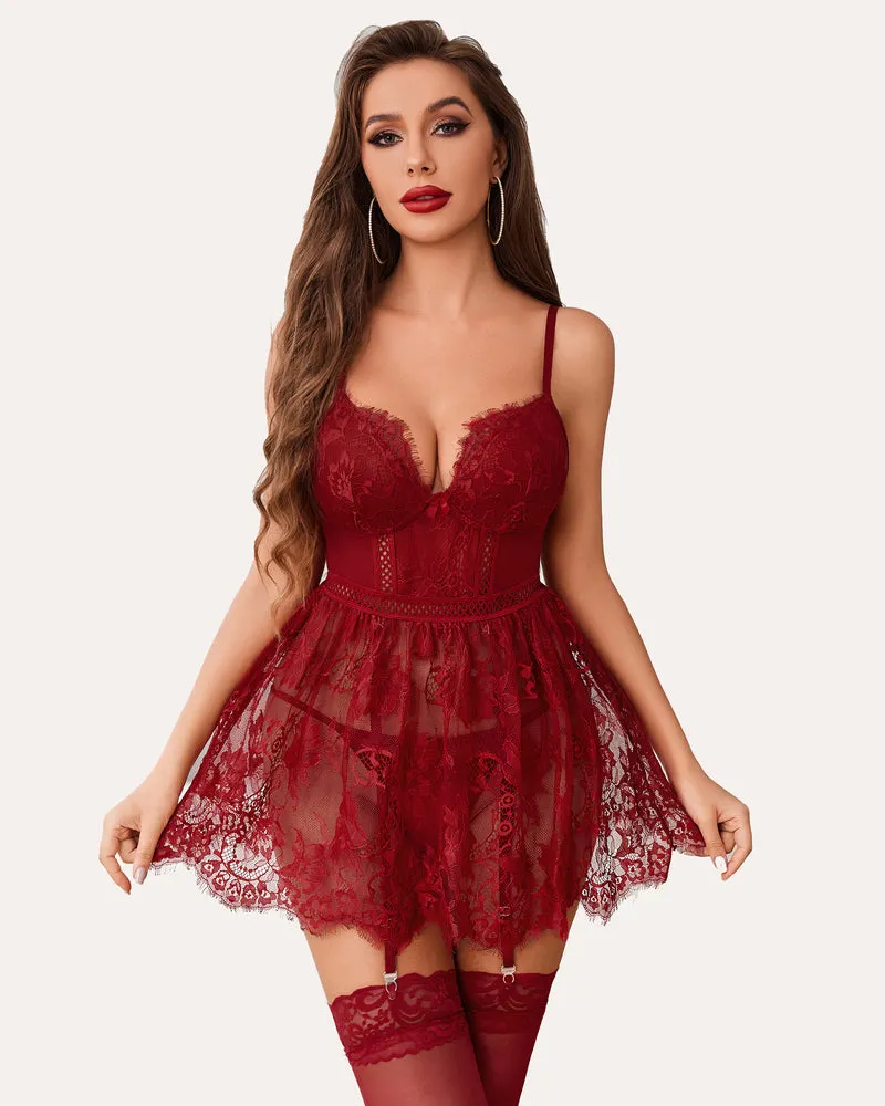 Lace Print Slip Dress with Garter Belt