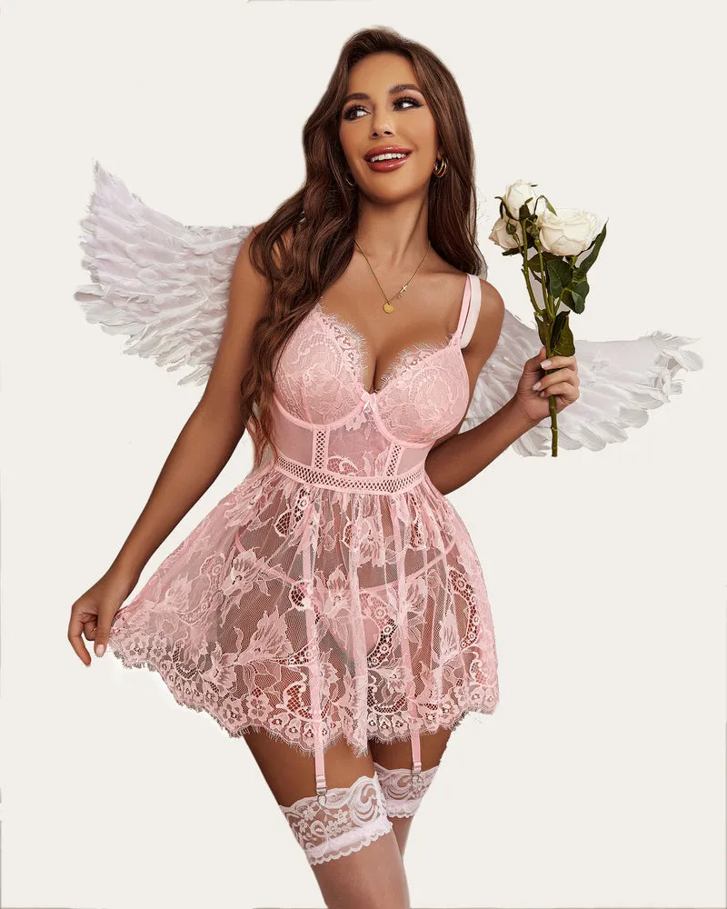 Lace Print Slip Dress with Garter Belt