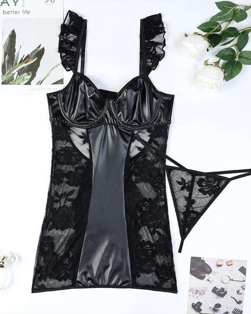 Leather Lace Ruffles Lingerie Set
