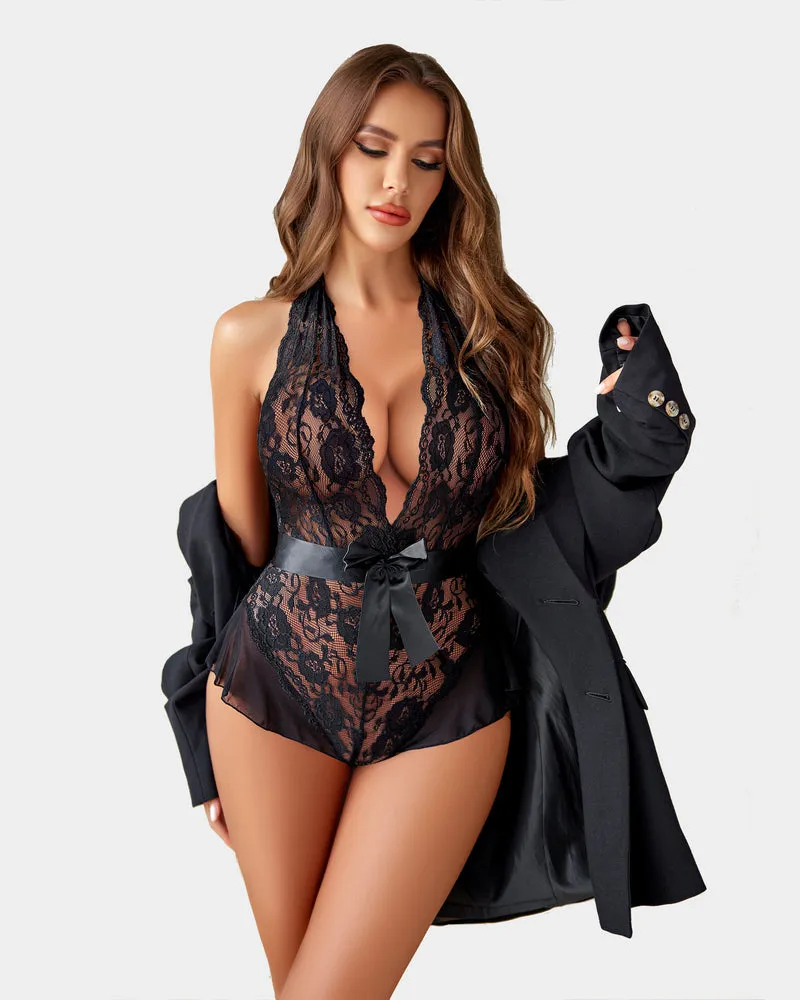 Leopard Lace Halter V Neck Bodysuit