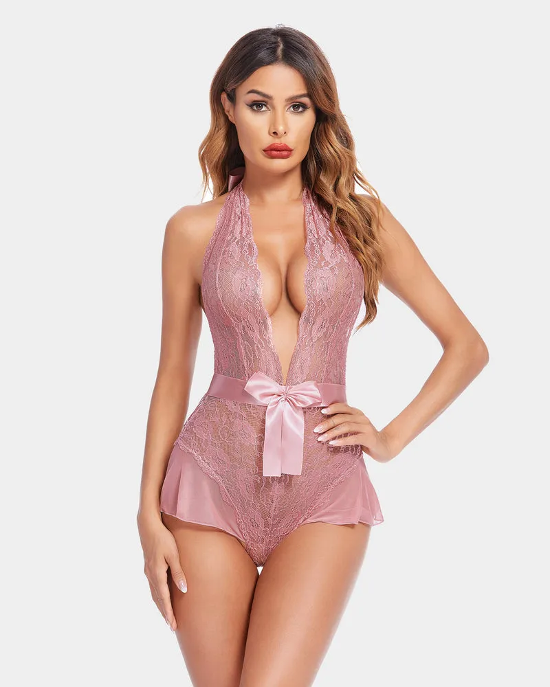 Leopard Lace Halter V Neck Bodysuit