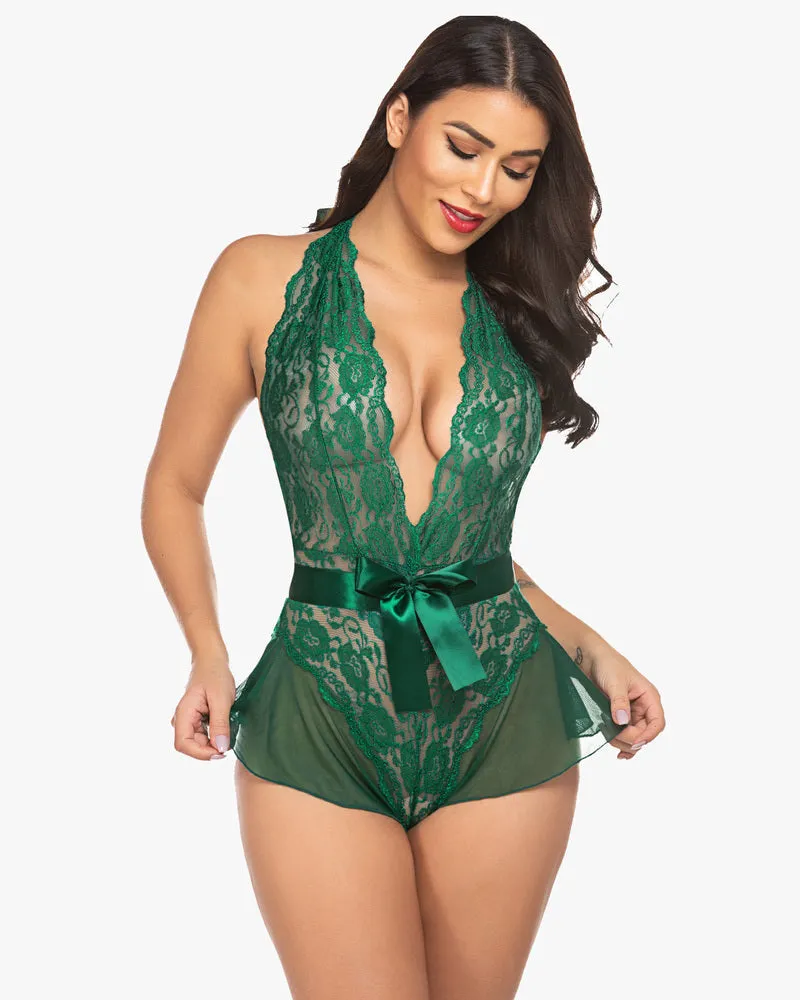 Leopard Lace Halter V Neck Bodysuit