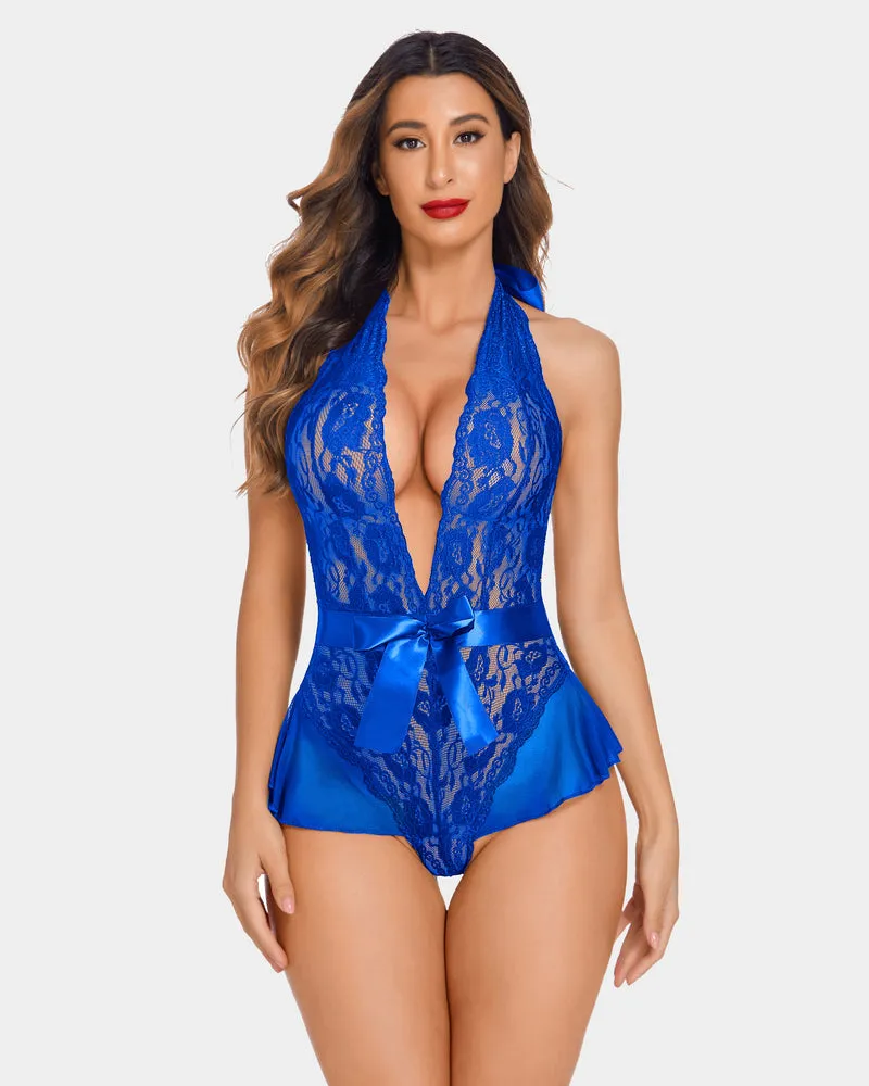Leopard Lace Halter V Neck Bodysuit