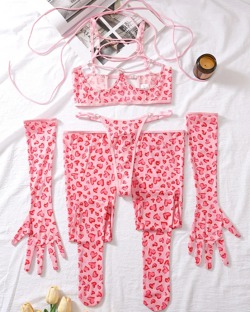 Leopard Mesh Gloves and Leg Socks Lingerie Set