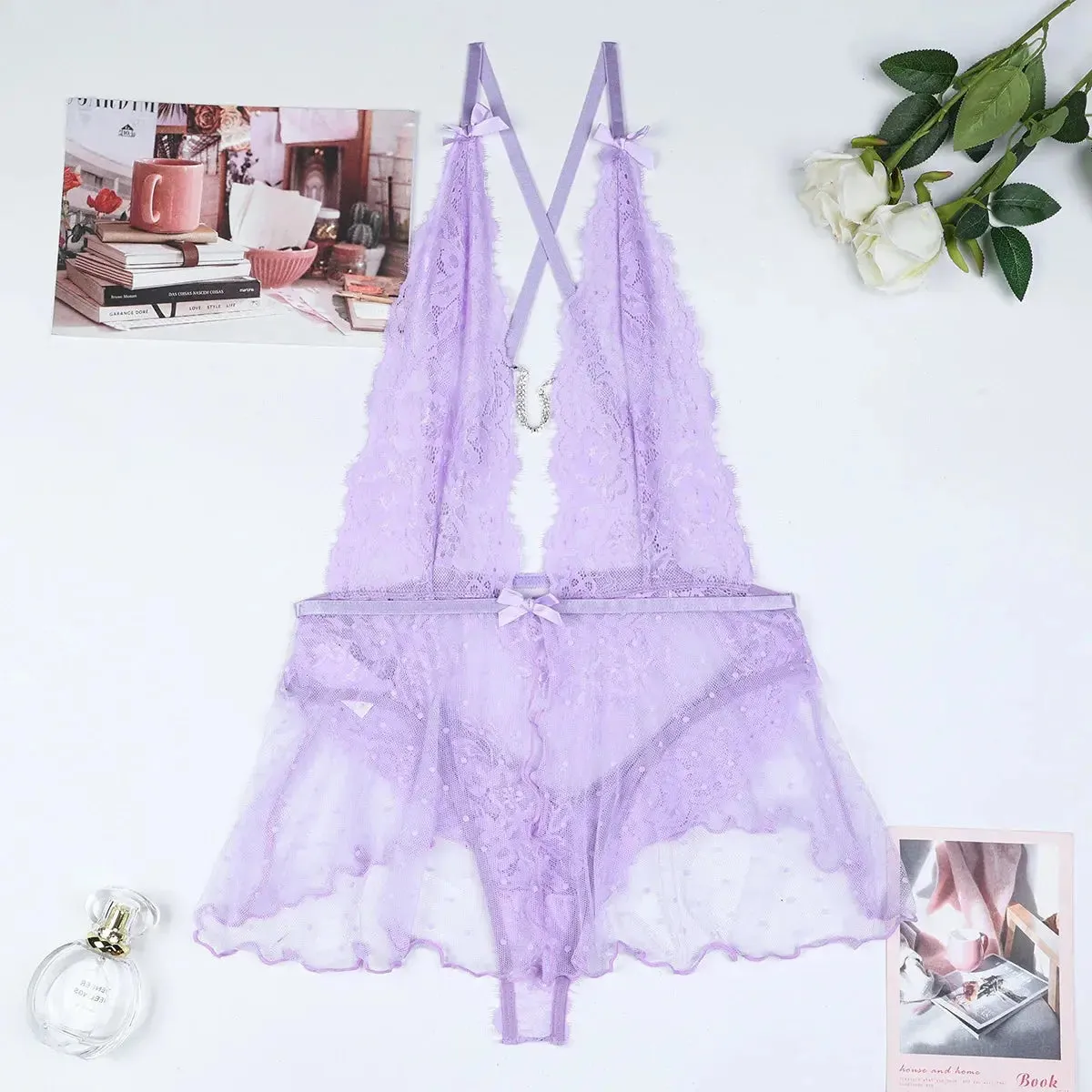 Lingerie Babydoll Skirt Lavender Deep-V Bodysuit