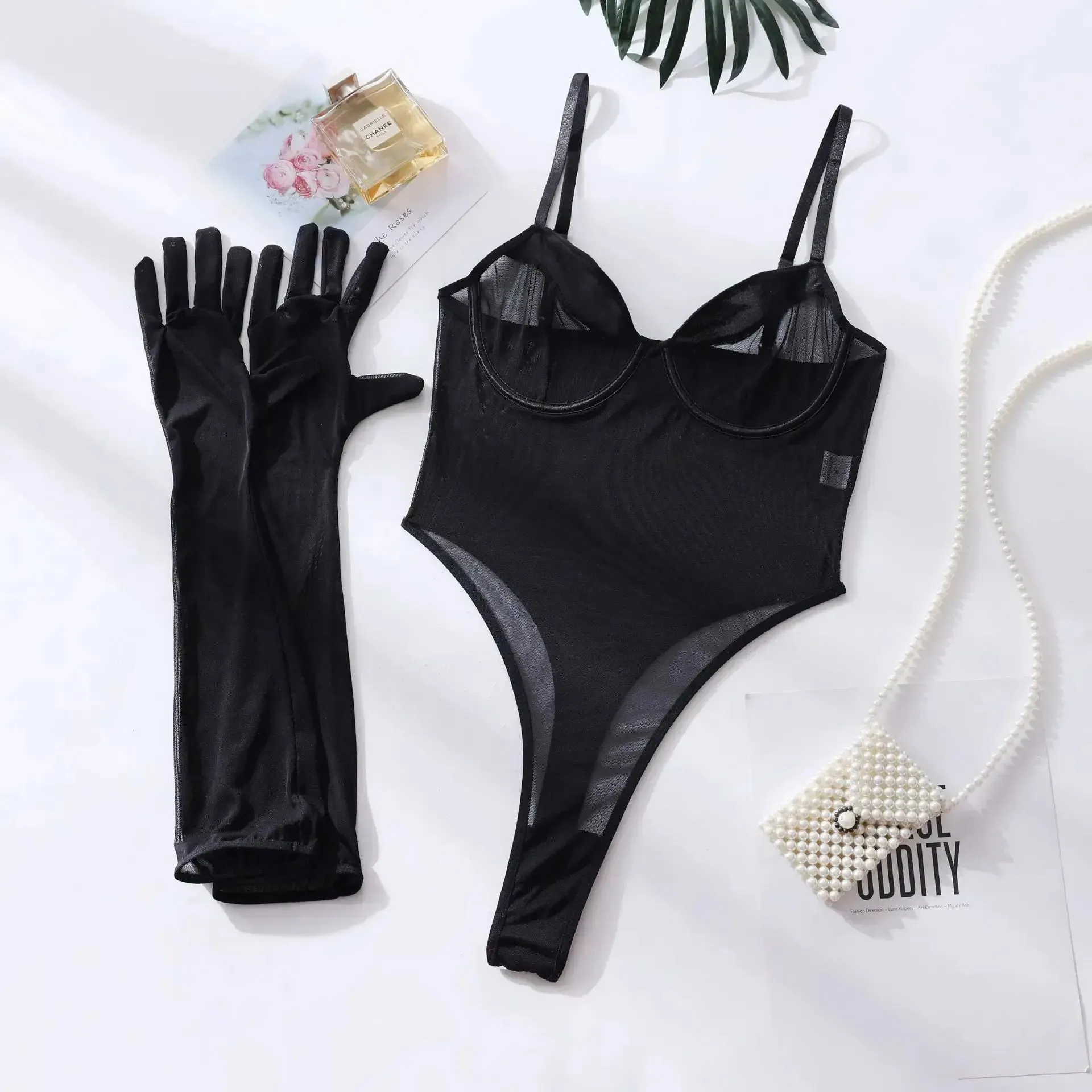 Lingerie Bodysuit Long Gloves Sheer Lace Mesh One Piece