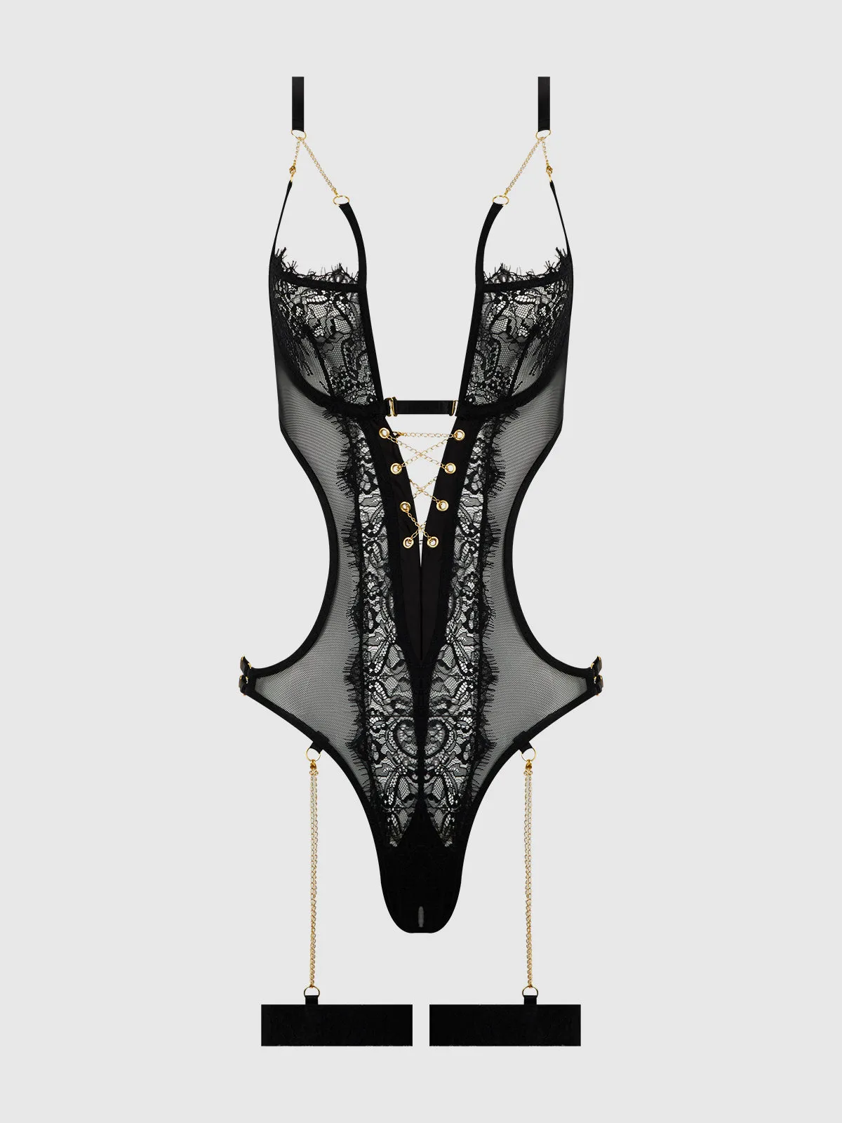 Maeve Chain & Lace Crotchless Teddy With Thigh Garters