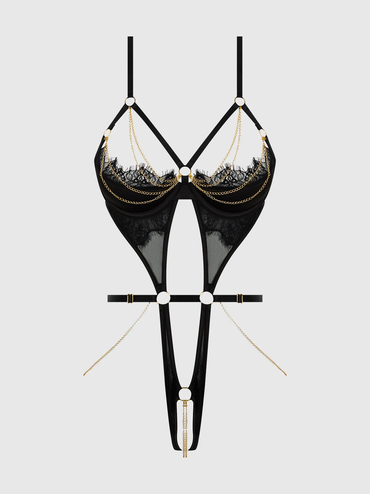 Maeve Chain & Lace Open Cup & Crotchless Harness Teddy