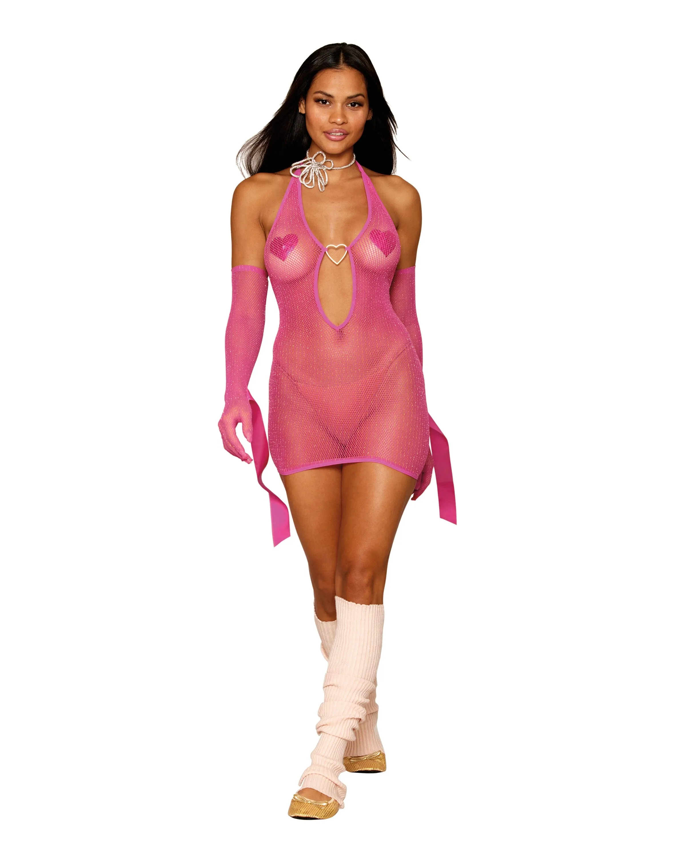 Metallic Fishnet Seamless Chemise and Matching Glove Restraints Set