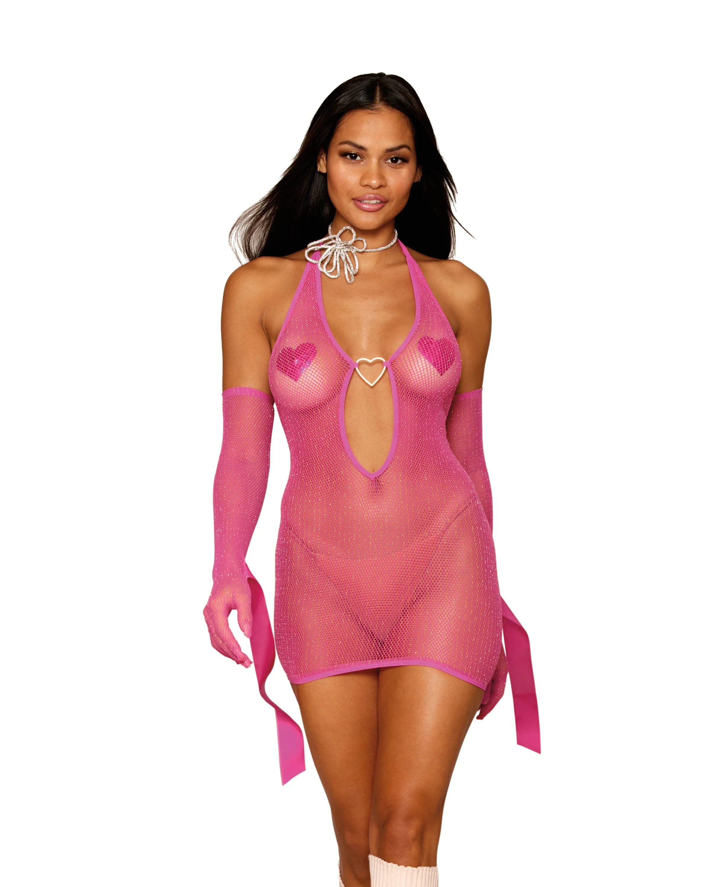 Metallic Fishnet Seamless Chemise and Matching Glove Restraints Set