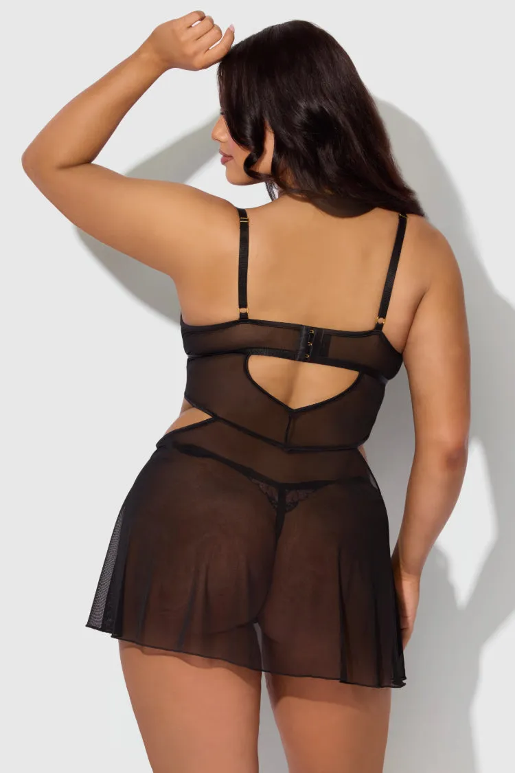 Nova Lace Plus Size Babydoll Set In Black