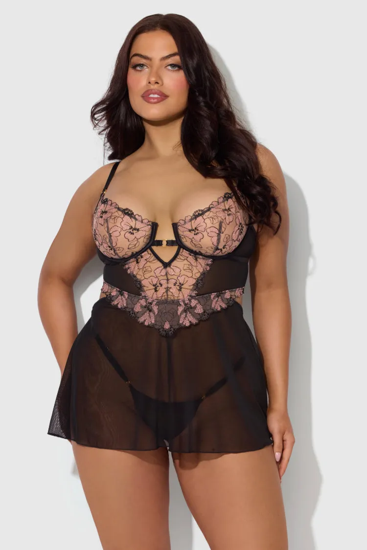 Nova Lace Plus Size Babydoll Set In Black