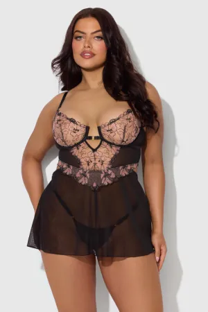 Nova Lace Plus Size Babydoll Set In Black