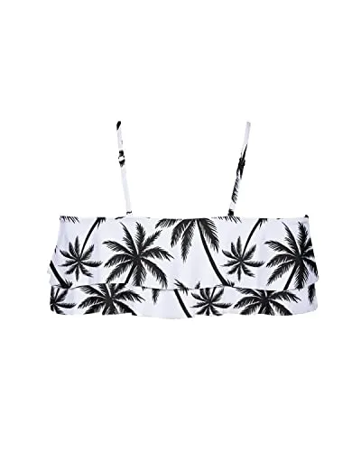 Off Shoulder Flounce Bikini Top Adjustable Bra-Black Palm Tree