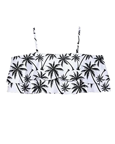 Off Shoulder Flounce Bikini Top Adjustable Bra-Black Palm Tree