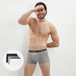 Pack of 3 pairs of black, grey and white stretch cotton trunks for men