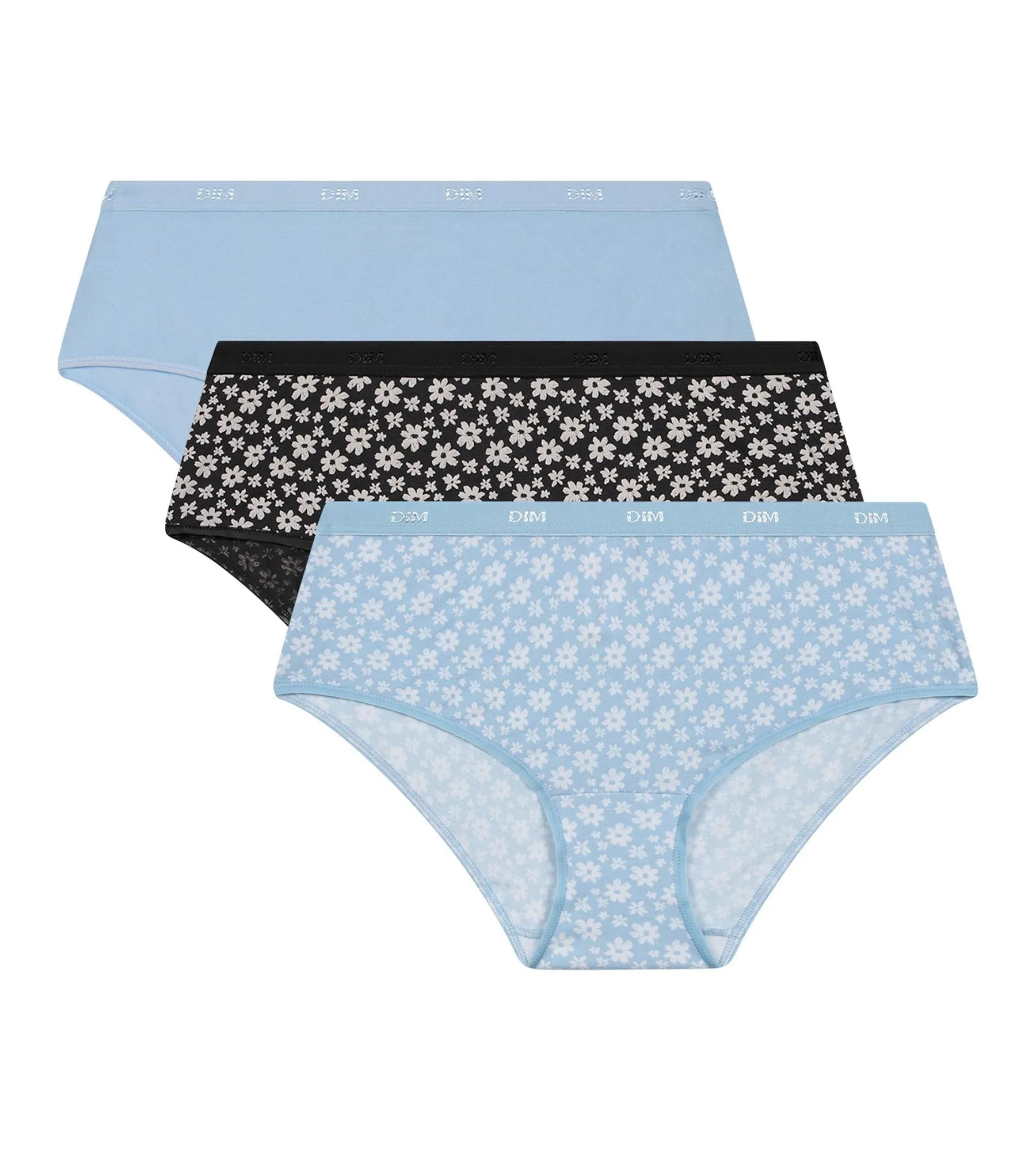 Pack of 3 women's stretch cotton shorties Grey Blue with flowers Les Pockets