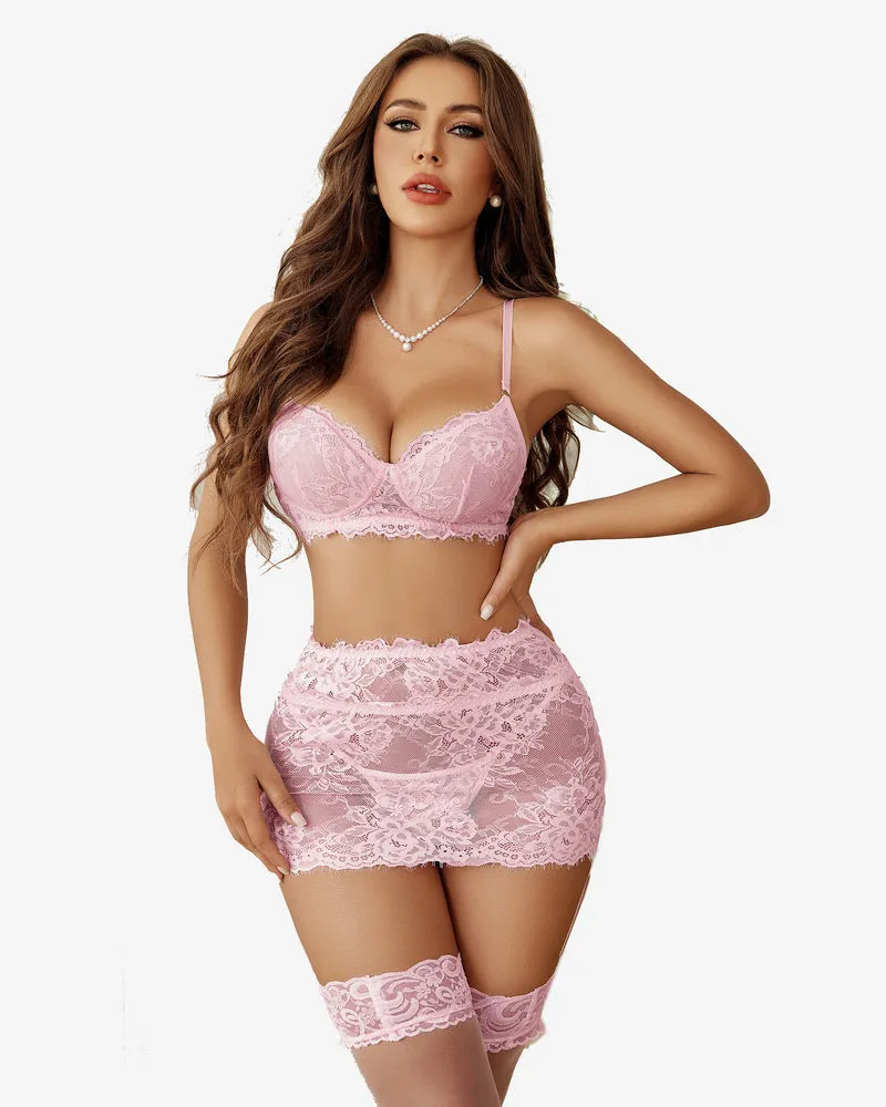 Piece Lace Garter Belt Lingerie Set With Mini Skirt