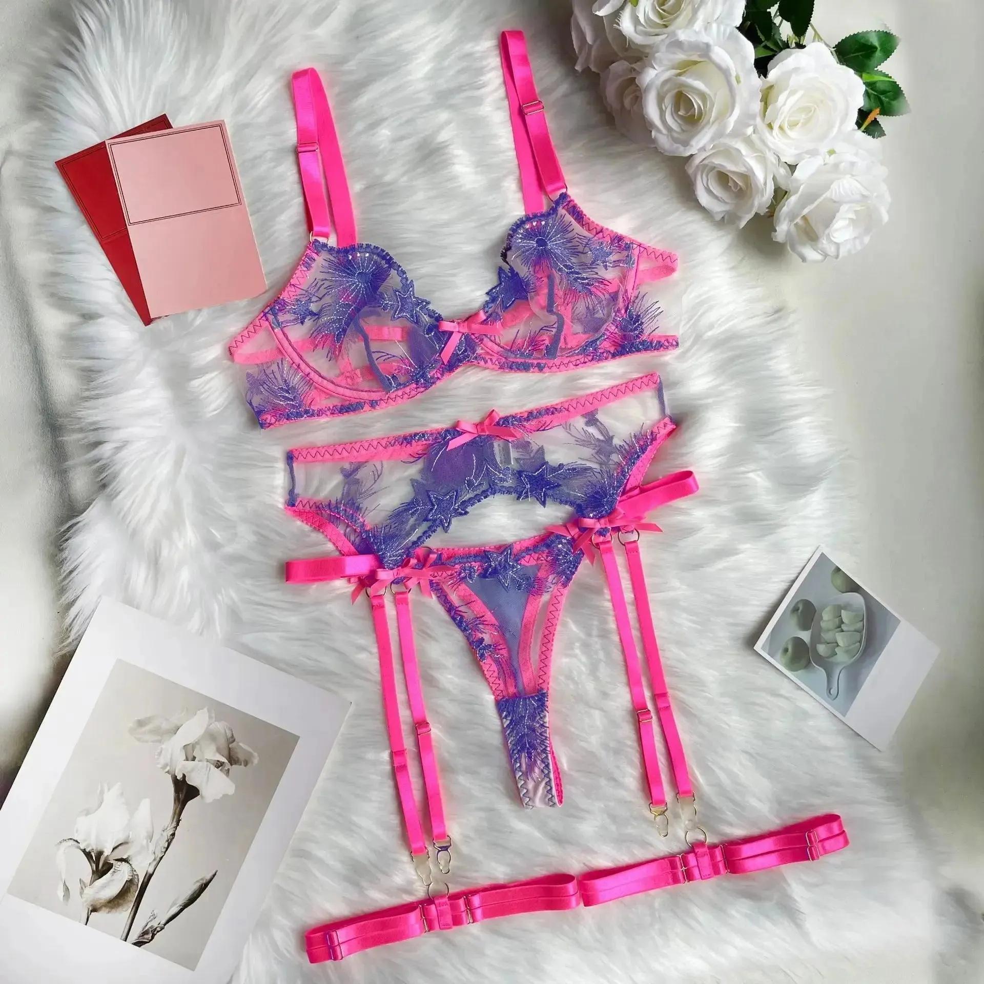 Pink Fancy Lingerie Set Floral Lace Outfit