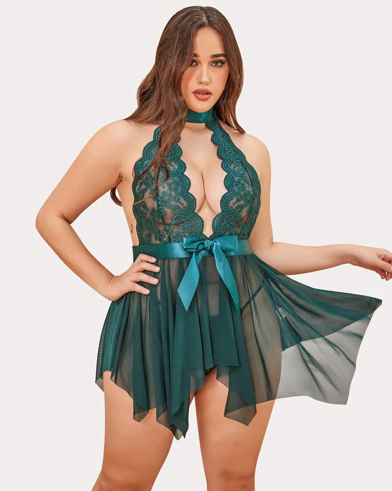 Plus Size Floral Lace High Waist Teddy Babydoll