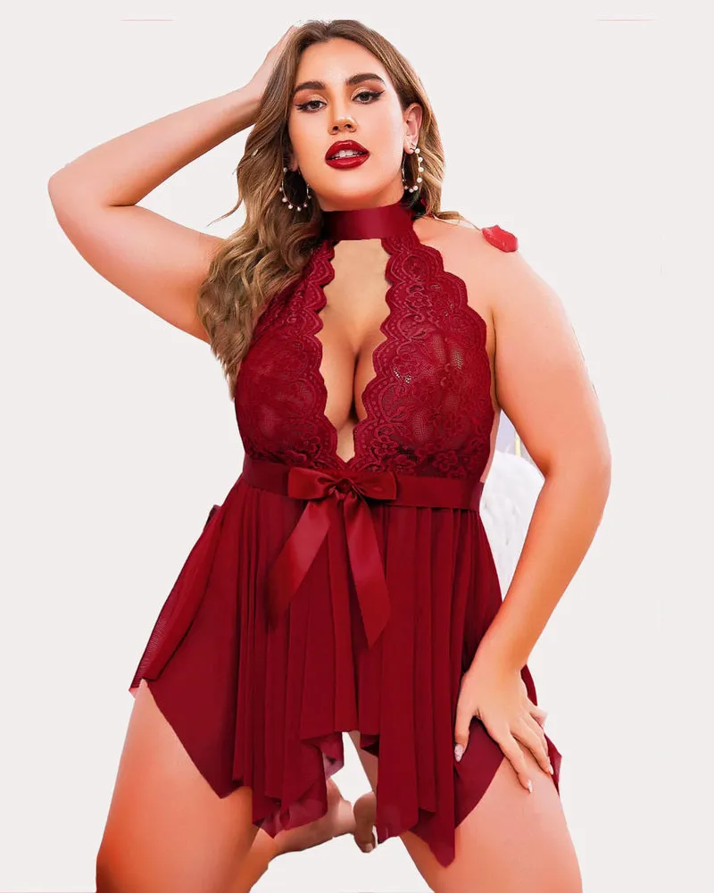 Plus Size Floral Lace High Waist Teddy Babydoll