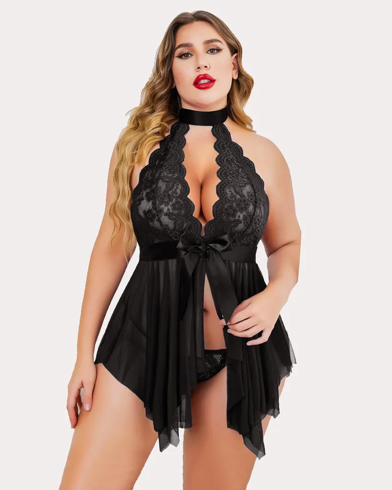 Plus Size Floral Lace High Waist Teddy Babydoll