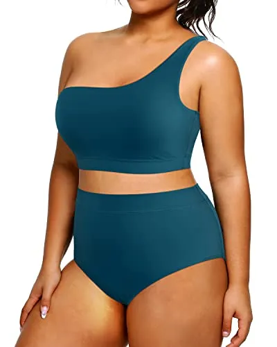 Plus Size High Waisted One Shoulder Bikini 2 Piece Swimsuits