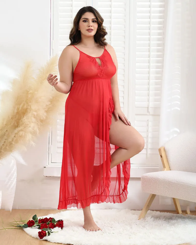 Plus Size Lace Mesh Side Slit Nightgown